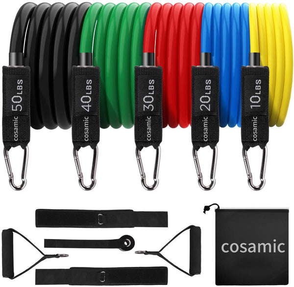 cosamic Exercise Bands Workout Bands - Up to 150lb, Indoor/Outdoor Bands with Door Anchor & Handles for Strength, Slim, Yoga, Home Gym Equipment for Men/Women